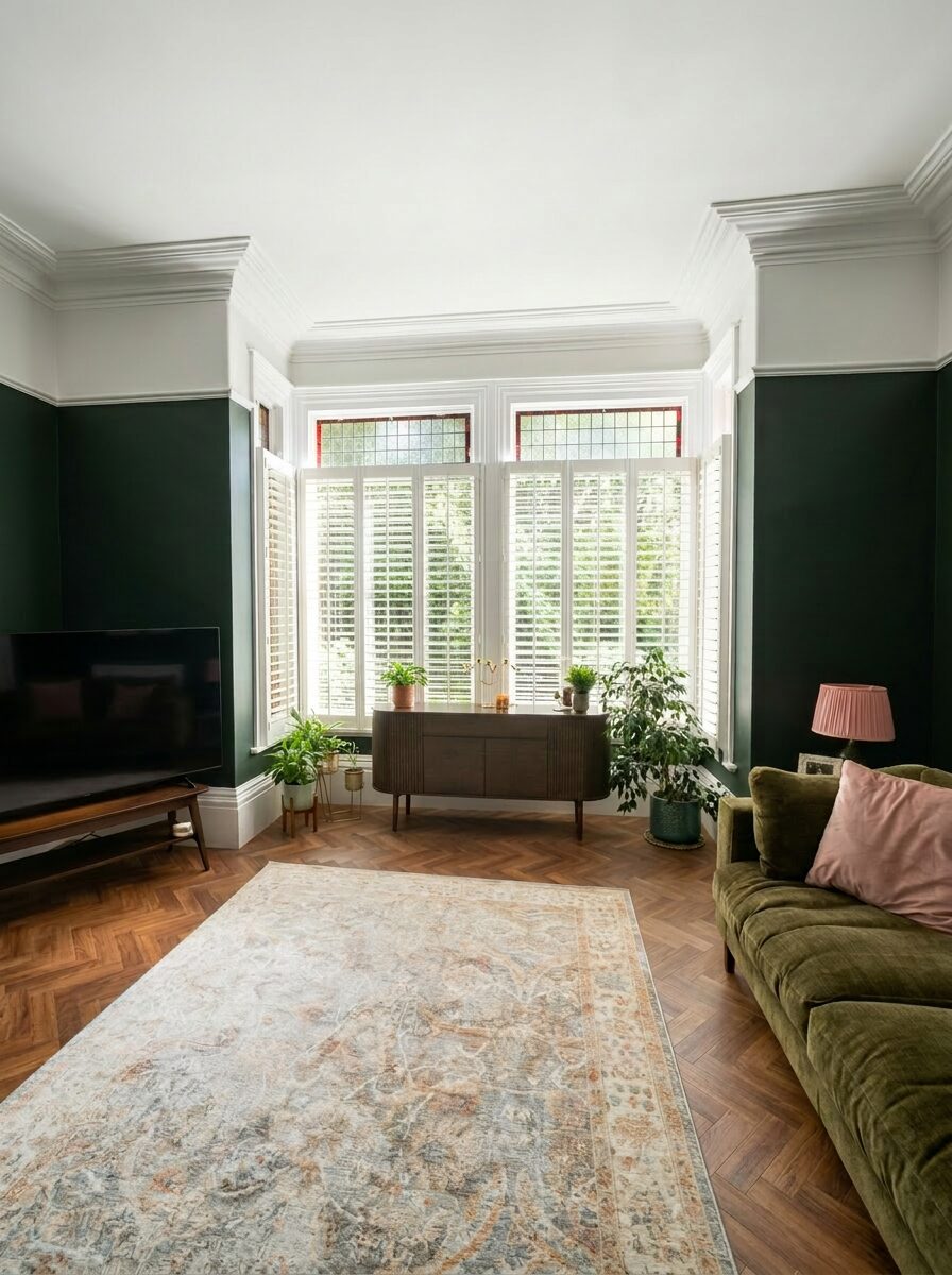 Bay window with bespoke white plantation shutters in a Hull living room
